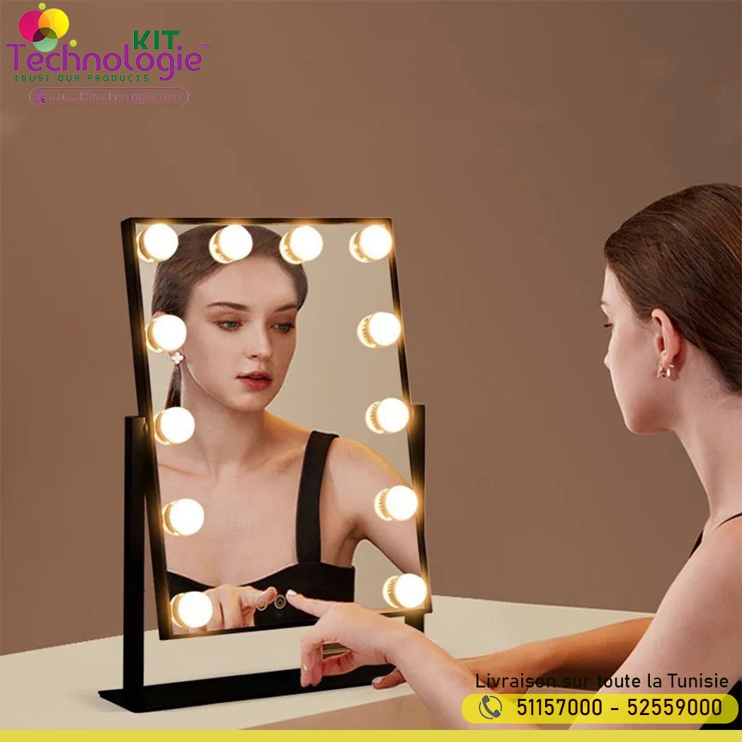 LUXFURNI Miroir à langer avec lumières, miroir de maquillage pour chambre à coucher, miroir arqué Hollywood avec 12 ampoules réglables, contrôle tactile intelligent, 3 modes d'éclairage de couleur LUXFURNI Miroir à langer avec lumières, miroir de maquillage pour chambre à coucher, miroir arqué Hollywood avec 12 ampoules réglables, contrôle tactile intelligent, 3 modes d'éclairage de couleur