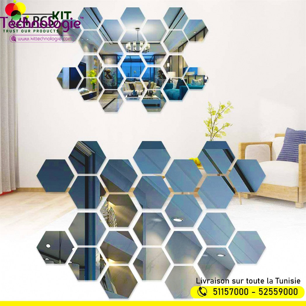 Pack Stickers Muraux ( Miroir Hexagonal 12PCs )