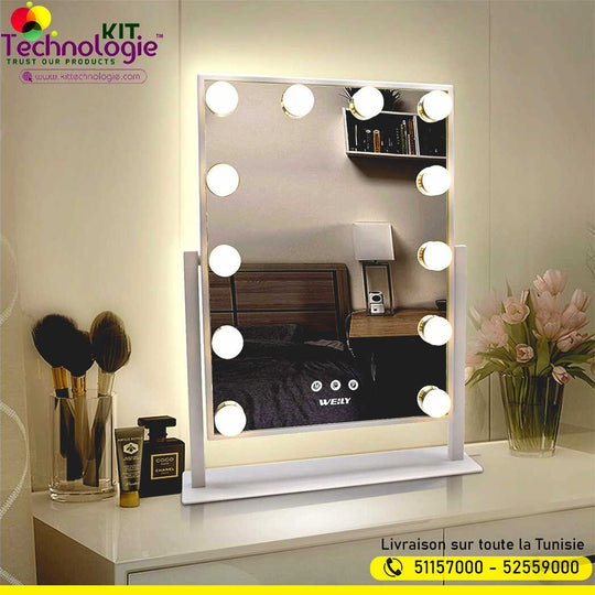 Miroir Maquillage Hollywood avec 12 Ampoules LED