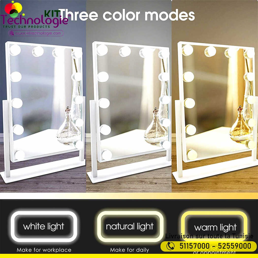 Miroir Maquillage Hollywood avec 12 Ampoules LED